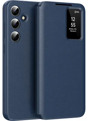 Obrázek produktu pro Kožené flipové pouzdro pro Samsung Galaxy A55, obal s funkcí Smart View okna a přihrádkou na karty Modrý