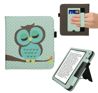 Produktbild von kwmobile Flip Cover kompatibel mit Kobo Kobo Libra Colour / Tolino Vision Color - Hülle mit Handschlaufe Eule Schlaf Türkis Braun Mintgrün