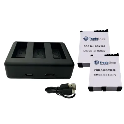 Produktbild von Trade-Shop 3in1 Set: 2x Akku 2300mAh + USB-C LCD Dreifach-Ladegerät kompatibel mit DJI Osmo Action 3 / 4 / 5, BCX202, BCX204 / Action-Kamera Zubehör