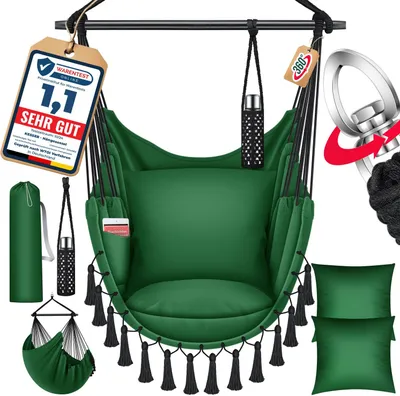 A green hammock chair with accessories, displayed against a white background.