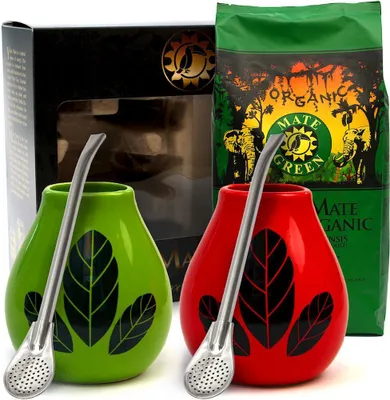 Produktbild von SET FÜR ZWEI (BIO-YERBA MATE 400 g, 2 x MATERO (ZUFÄLLIGES MUSTER), 2 x BOMBILLA) – YERBA MATE GREEN ORGANIC