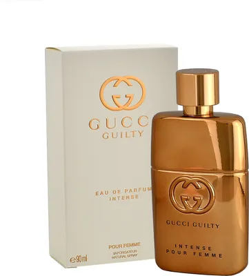 A bottle of Gucci Guilty Intense Eau de Parfum for women and its packaging are displayed against a white background.