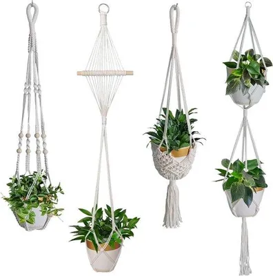 Produktbild von Set mit 4 Makramee-Pflanzenampeln – Boho-Dekoration – Baumwollseil – Hängeleuchten für Pflanzen – Zum Aufhängen – Innen- und Außenbereich – Für Decke und Balkon