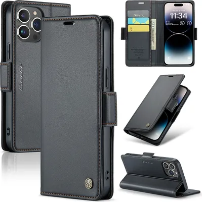 Immagine prodotto di custodia per iPhone 14 Pro Max, custodia in pelle con funzione di supporto per iPhone 14 Pro Max Nero