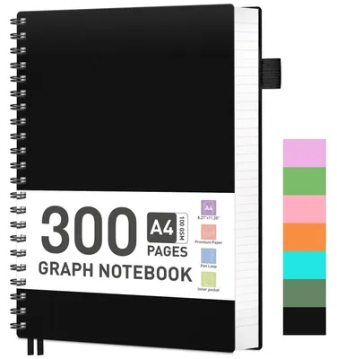 Productafbeelding van Notitieboek A4, geruit, 100g/m², 300 pagina's, zwart, spiraalbinding, zachte kaft, elastische sluiting