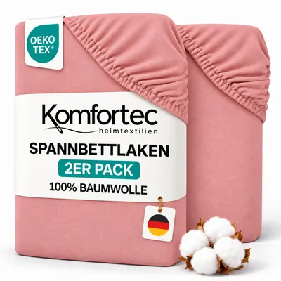 Produktbild von Komfortec 2er Pack Jersey Spannbettlaken 140x200 cm, 100% Baumwolle, Doppelpack Spannbettuch, Rosa