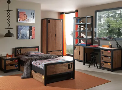 Produktbild von Jugendzimmer Set mit Einzelbett 90x200, Nachttisch, Bettschublade, Kleiderschrank 2-trg., Regal & Schreibtisch, CUSCO-12, Massiv cognacfarbig, schwarz, B x H x T ca. 513 x 200 x 55cm