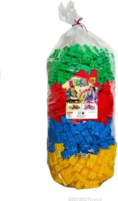 A large, clear plastic bag filled with colorful building blocks.