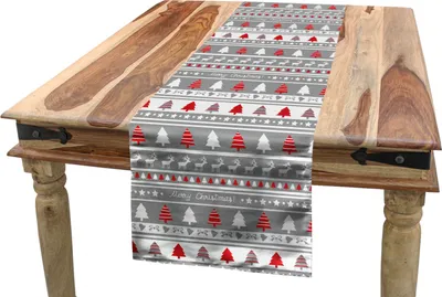 Obrázok produktu pre ABAKUHAUS Vianočný obrus, Deer Bäume Borders, jedálenský stôl, kuchyňa, obdĺžnikový dekoratívny obrus, 40 x 180 cm, biela, sivá, červená