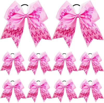 Produktbild von Umiboow, 10 glitzernde Schleifen zur Brustkrebsaufklärung, Schleife für Cheerleaderinnen, glitzernder Pferdeschwanzhalter, rosa, elastisches Haarband für Mädchen und Frauen (Farbe B)