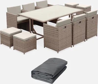 Produktbild von sweeek - Lounge-Set aus Polyrattan 6-10 Sitzplätze + Schutzhülle dunkelgrau  - Beige