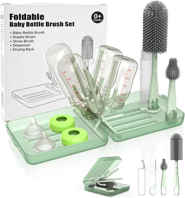 Produktbild von Babyflaschen Bürstenset 5-in-1, Silikonbürste, Saugerbürste, Strohhalmbürste, Seifenspender, Grüne Farbe