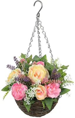 Immagine prodotto di Decorazione floreale sospesa con fiori artificiali in un cesto di vimini