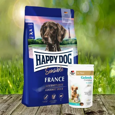 Produktbild von Happy Dog Sensible France 11 kg + Doppelherz Gelenk Complex 60 Chews