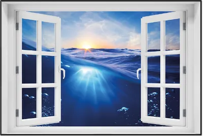 Produktbild von Wallario Wandbild mit Fenster-Illusion: Wellen im Meer bei Sonnenuntergang, Größe: 61 x 91,5 cm, Poster mit schwarzem Aluminiumrahmen