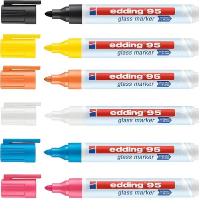 Produktbild von Edding 95 Glass, 6 Stück(e), Schwarz, Blau, Orange, Pink, Weiß, Gelb, Rundspitze, Mehrfarbig, Kunststoff, 1,5 mm