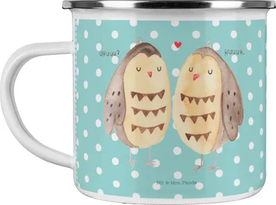 Produktbild von Mr. & Mrs. Panda Teetasse Eulen Liebe - Türkis Pastell - Geschenk, Eule, Haferl, Romantisch, Owl, Emaille Tasse, becher, Pärchen, Pott, Teebecher, Wortspiel Lustig