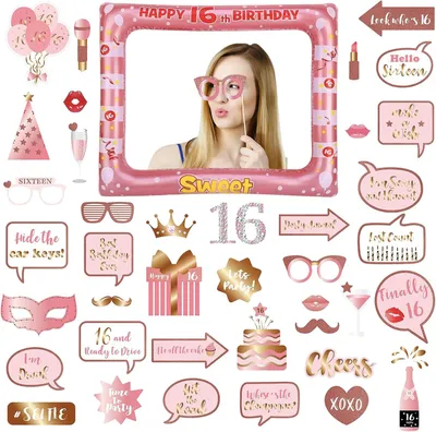 Produktbild von Sonstige Partydekoration POPOYU 16. Geburtstag Dekoration Jungen Mädchen, Roségold aufblasbarer Fotorahmen & 40 Stück Foto-Requisiten Party Photo Boot