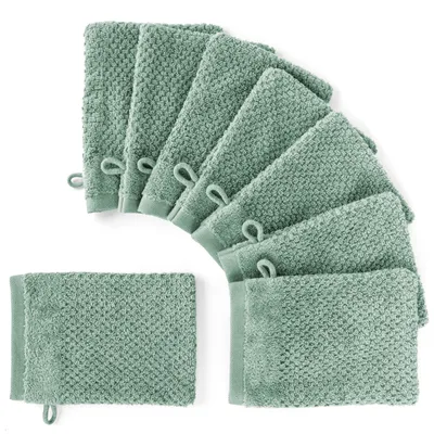 Produktbild von Pure Label 8-TLG Waschhandschuh Waschlappen Set mit Anhängeschlaufe aus 100% Baumwolle, saugstarkund weich | 8 Waschlappen 16x21cm, Grün - Salbei