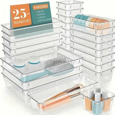 Zdjęcie produktu dla Zestaw organizerów do szuflad JustValue, 25 szt. – przezroczyste – z możliwością układania w stosy