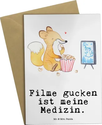 Produktbild von Mr. & Mrs. Panda Grußkarte Fuchs Filme gucken - Weiß - Geschenk, osterkarten, babykarte, Kino, einladungskarten, weihnachtskarten, Fernsehen, Filmabend, TV, Grußkarten