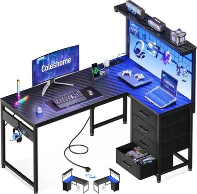 Productafbeelding van Gaming Bureau met LED Verlichting, 4 Lades en Stopcontacten, Omkeerbaar Hoekbureau met Planken en Opbergruimte voor Gaming en Thuiswerkp