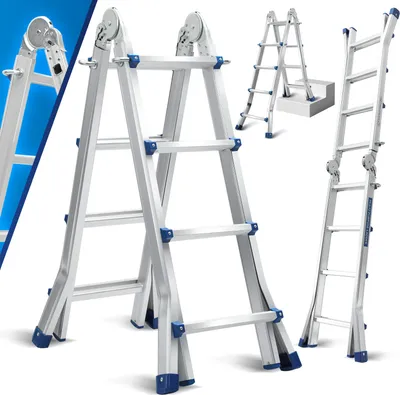 Produktbild von Hebitod Teleskopleiter Alu Leichtgewicht 4x4 Ebene Silber  multifunktion Multifunktionsleiter Mehrzweckleiter Ausziehbare  aus Hochwertigem Aluminium Belastbarkeit 150KG