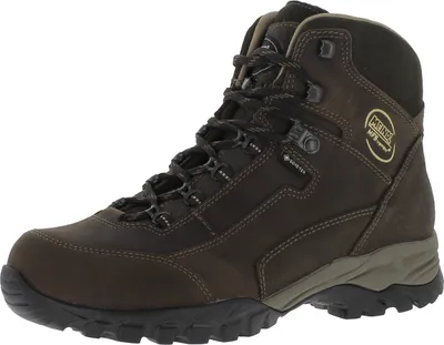 A single brown hiking boot is shown against a white background.