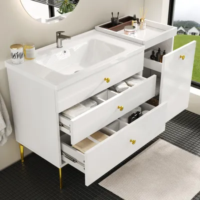 Obrázek produktu pro okwish skříňka pod umyvadlo s keramickým umyvadlem, moderní design, úložný prostor, koupelnový nábytek, MDF, bílá