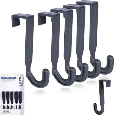 A set of gray over-the-door hooks and a packaged set of smaller hooks.