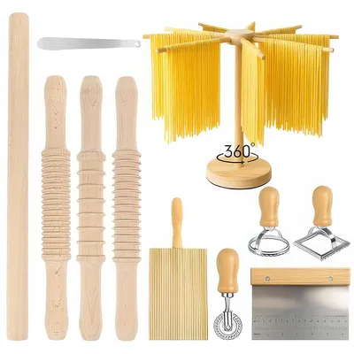 Produktbild von 11-tlg.Nudelset aus Holz,3 Größen strukturierte Nudelholz,langes Nudelholz,drehbarer Pastatrockner,Gnocchi-Brett,Teigschneider,Rollschneider&2 Stempel
