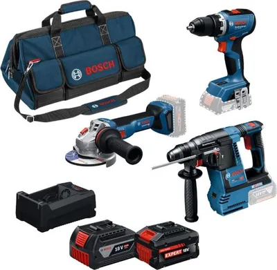 Zdjęcie produktu dla ZESTAW 3 NARZĘDZI: GSR 18V-65 + GBH 18V-26 + GWS 18V-11 + akumulatory GBA 18V 5,0 + 1x EXBA 18V 5,5 Ah + ładowarka GAL 12V/18V