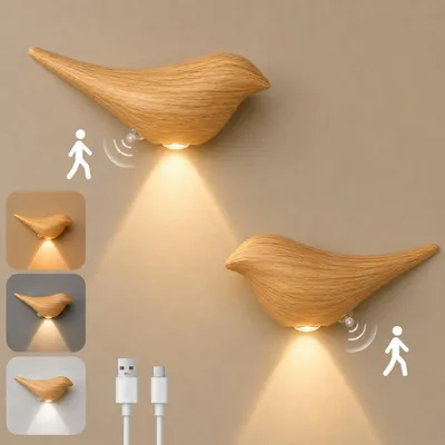 Produktbild von 2er Set LED Nachtlicht mit Bewegungsmelder Akku 1200mAh Vogel Design Kabellos 3 Farben Magnetisch Wandleuchte Treppenlicht Schlafzimmer Holz-Optik