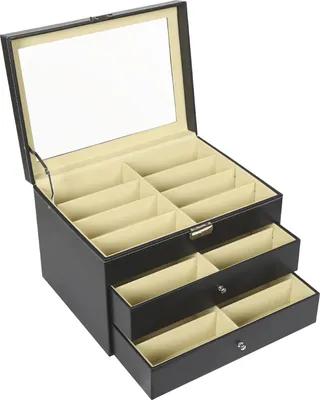 Produktbild von Brillen- & Sonnenbrillen Aufbewahrungsbox - Vitrinenbox - 3 Ebenen - 24 Fächer - Mit Schublade - Kunstleder - Glasdeckel - 34×25×19 cm - Schwarz