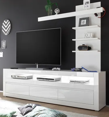 Produktbild von Wohnwand 2-tlg. "Nobile" in weiß Hochglanz und Stone Design grau TV-Lowboard und Wandregal 217 x 163 cm