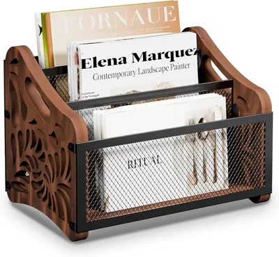 Image de Porte-revues de 30 x 21,5 x 21,5 cm, avec 4 compartiments, en bois et en métal, pour bureau