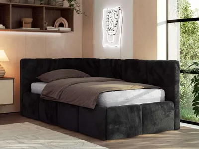 Produktbild von MKS MEBLE Jugendbett 90x200 cm ARVO Polsterbett mit Bettkasten, Mettalrahmen Stauraum & Gasdruckfeder, ohne Matratze - Schwarz Plüsch - Links Seite