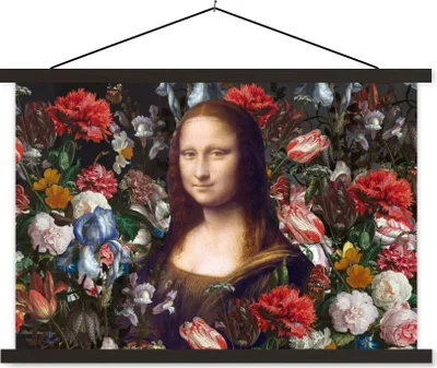 Produktbild von MuchoWow® Textilposter Mona Lisa - Leonardo da Vinci - Blumen 150x100 cm mit schwarzem Rahmen - Schlafzimmer