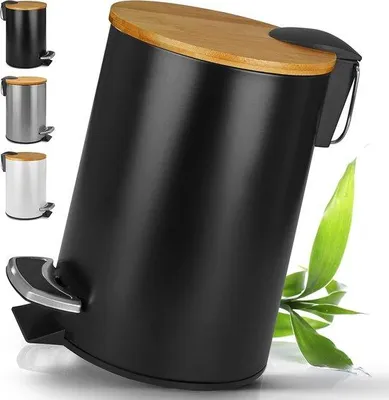 Immagine prodotto di Pattumiera in bambù per il bagno con capacità di 5 litri, meccanismo Soft-Close, pattumiera a pedale, nera