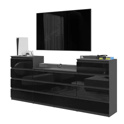 Produktbild von Kommode 220 Cm Anthrazit / Schwarz Hochglanz Mit 14 Schubladen, Set Aus Drei Kommoden, Für Das Wohnzimmer