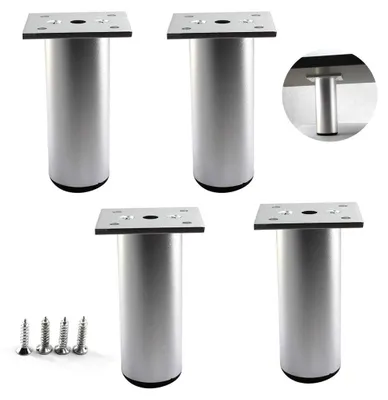 Image de Pieds de meuble ronds en argent, 38x6 cm, pieds réglables en aluminium (lot de 4)