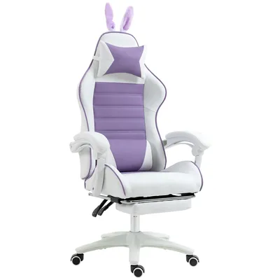 Produktbild von Gaming Stuhl mit Hasenohren, Fußstütze, Lendenkissen, Kunstleder, Violett
