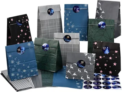 Zdjęcie produktu dla DIY Kalendarz adwentowy, 24 torby na prezenty, duże torby papierowe kraft, ze stickerami, dla dzieci