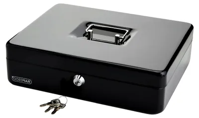 Produktbild von Geldkassette aus Metall mit Schloss, 3 Schlüsseln und herausnehmbarem Fach, Größe 30 cm, Schwarz