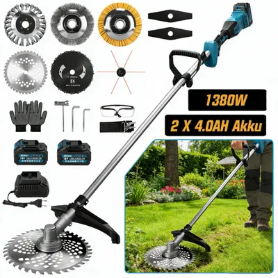 Produktbild von 1380W Akku Rasentrimmer mit 2×4.0Ah Akku 18V, 18800 RPM 168cm Bürstenloser Motor Rasentrimmer mit 3 Unkrautbürste 7 Klingentypen, Garten Freischneider