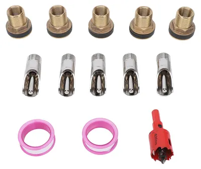 Image de 5 tétines en acier inoxydable pour abreuvoirs automatiques de porcs, avec connecteurs en laiton, adaptées aux chèvres, aux porcelets et aux porcs