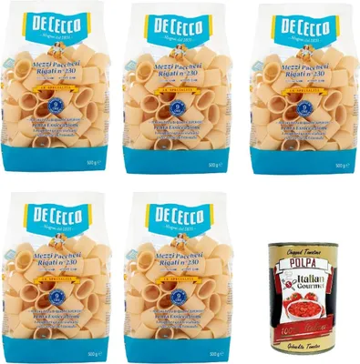 Produktbild von De Cecco Le Specialità Mezzi Paccheri Rigati N°230, 100% Italienisch Pasta Nudeln 5x 500g + Italian Gourmet Polpa 400g