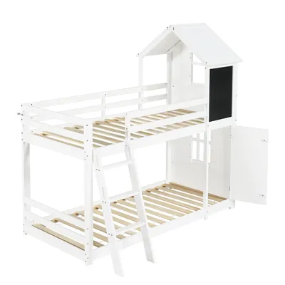 Immagine prodotto di Letto a castello, con una porticina e una lavagnetta, belle finestre e tetto, scala a pioli a tre gradini, solide reti a doghe, pino + MDF + PB + compensato