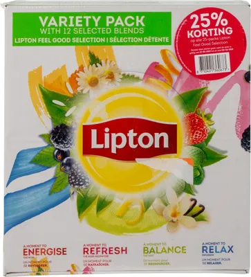 A box of Lipton tea variety pack with illustrations of fruits and flowers.