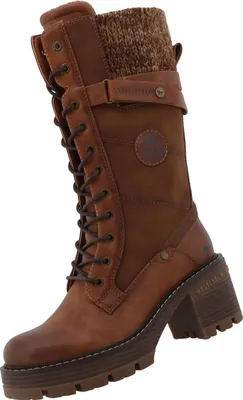 A single brown leather boot with a knitted cuff and a thick heel, presented against a white background.
